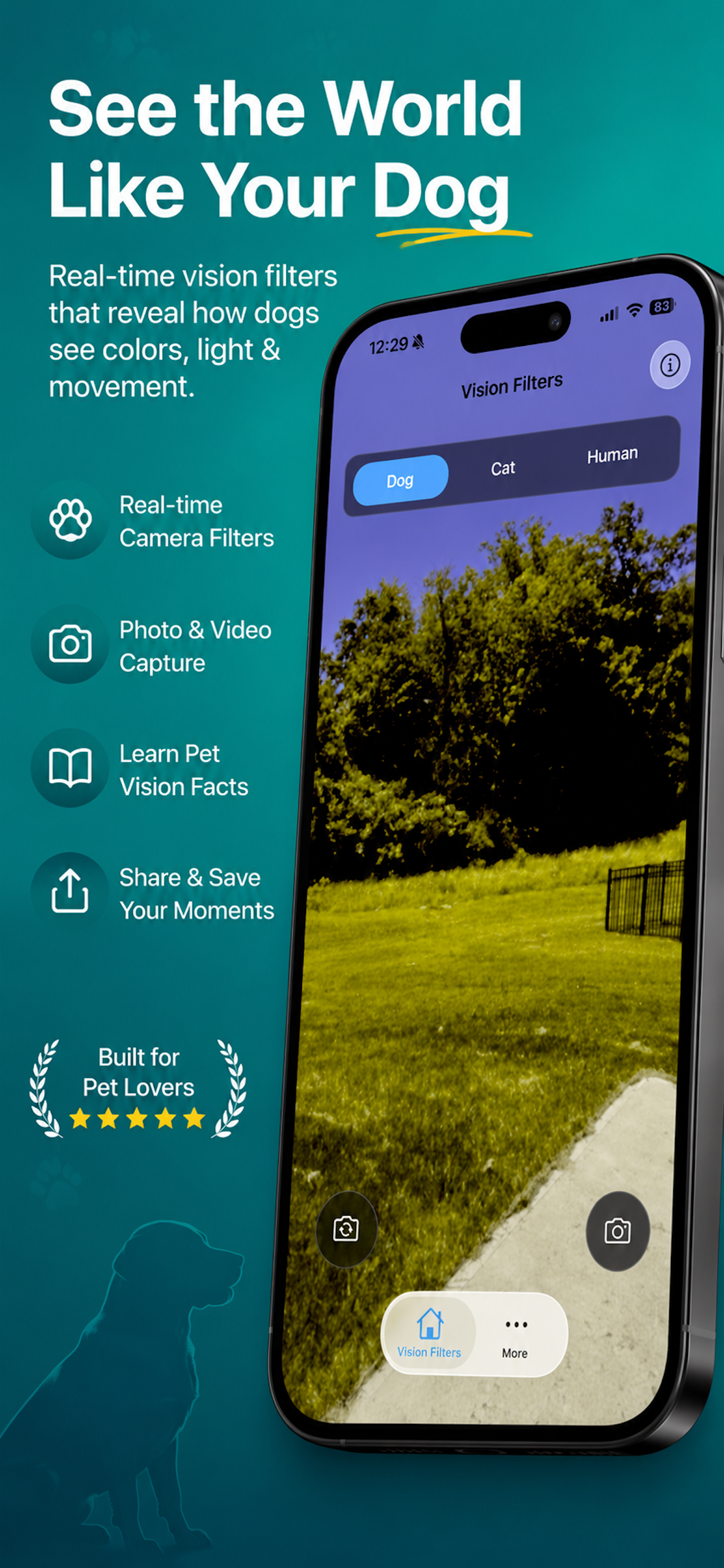 FurSight dog vision real-time camera filter on iPhone
